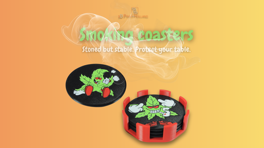 Smoking Coasters Set with Holder – Funny Cartoon Weed Leaf Design – 3D Printed Drink Coasters, Stoner Gift | OWN LOGO POSSIBLE